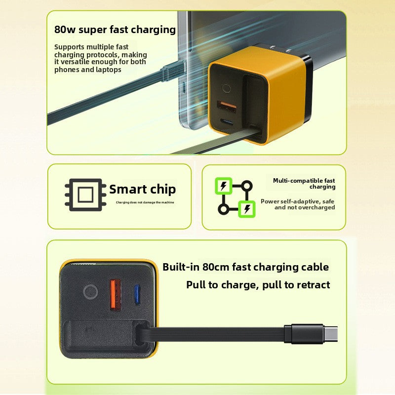 80W GaN Retractable Cable Fast Charger with PD